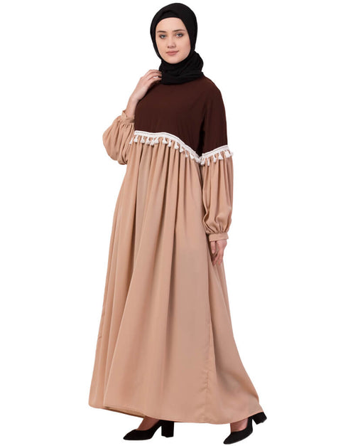 Muslim Two Color With Lace Gathered Abaya Brown